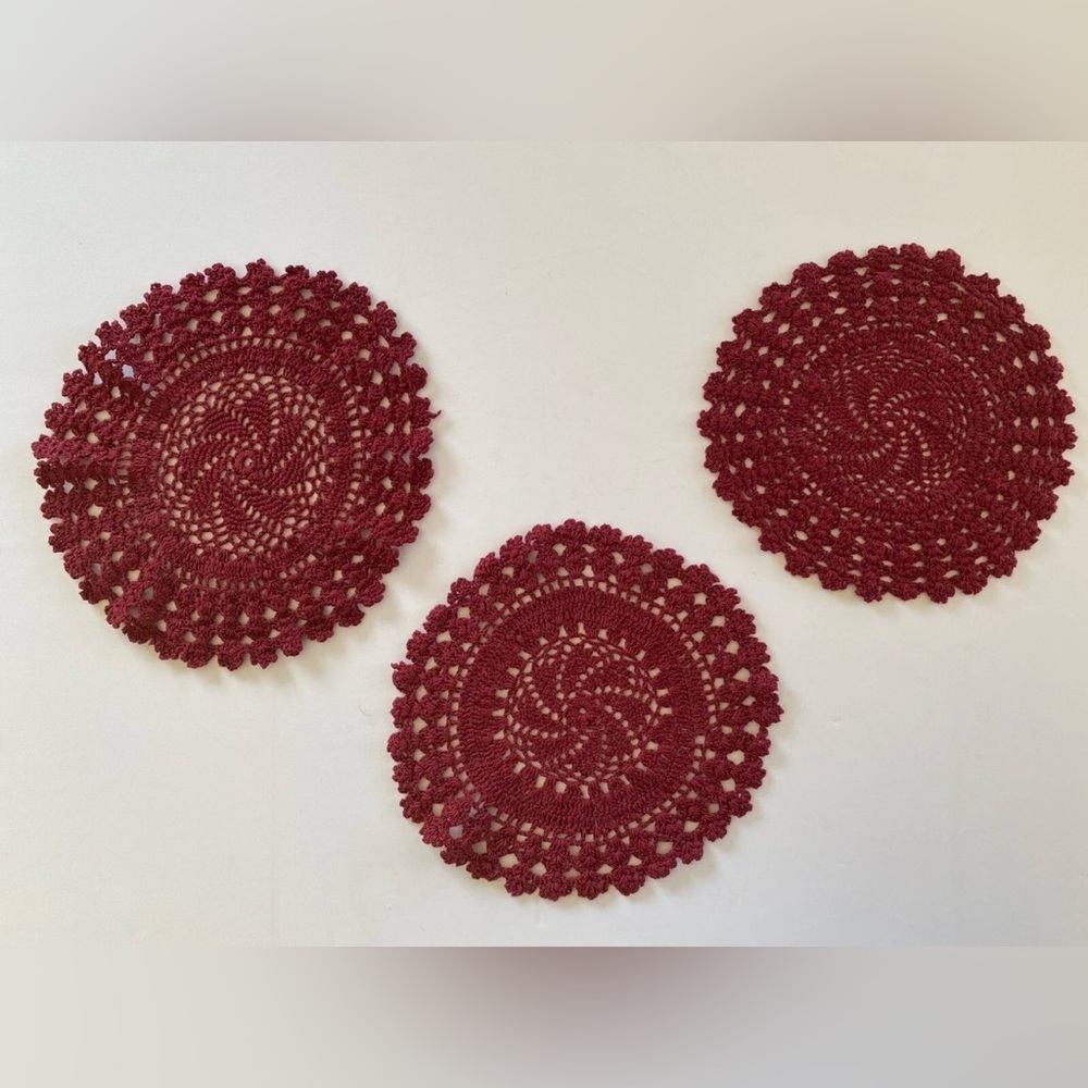 Set of 3 Maroon Table Placemat Knitted Crochet Handmade Teacup Mats